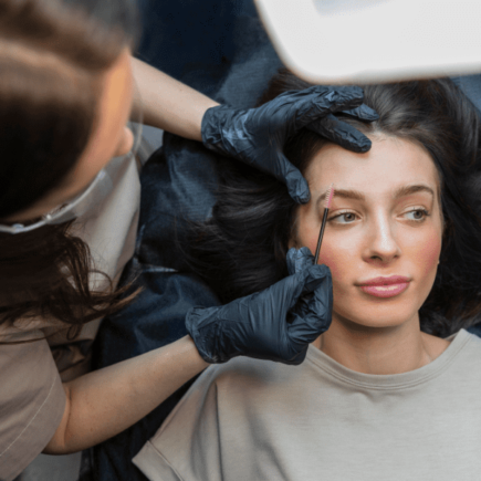 Esteticista fazendo um tratamento de sobrancelha ombré shadow para seu cliente